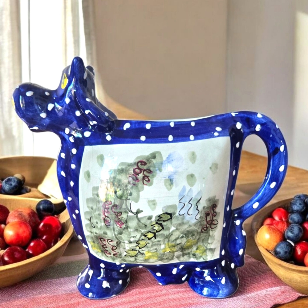 Blue Polka-dot Cow Milk Pitcher  Humorous Country Party Table Farmhouse Vase